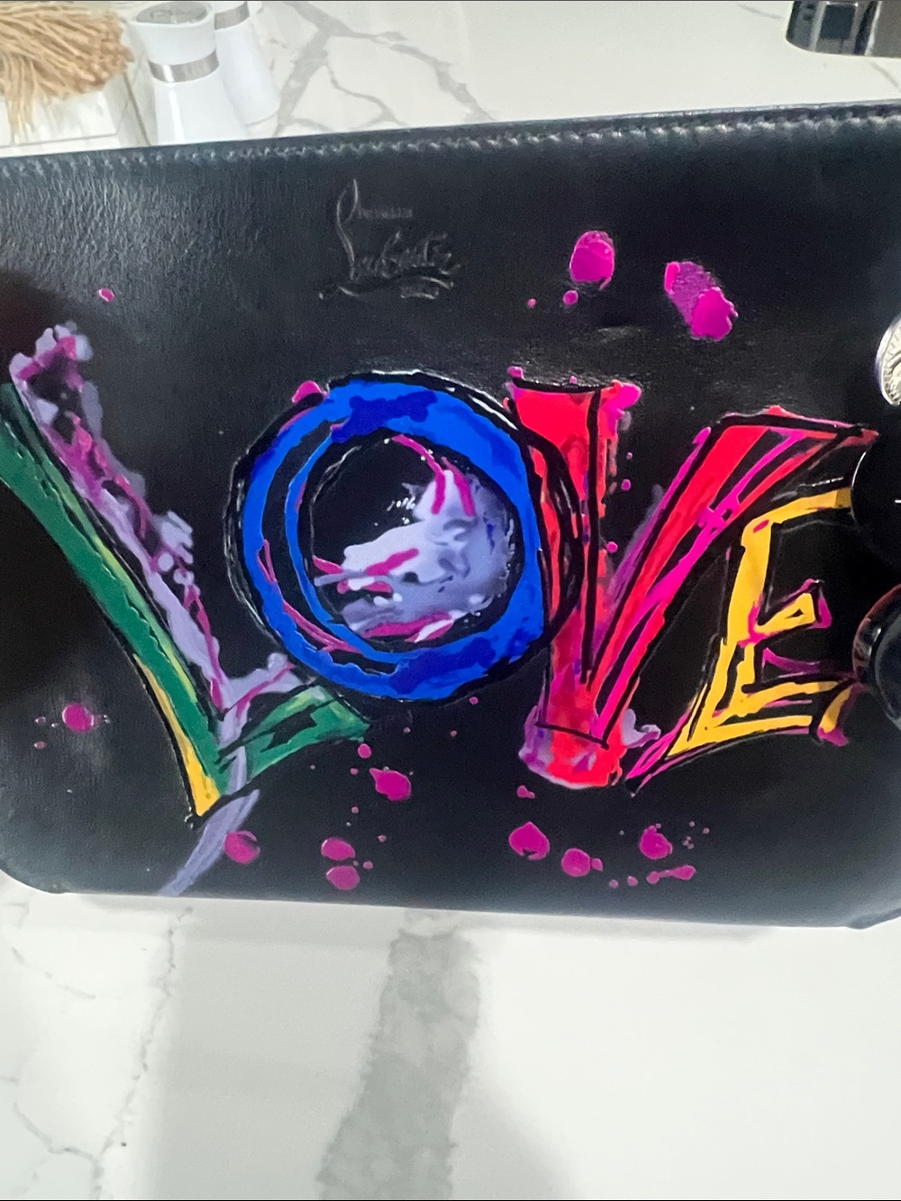 Christian Louboutin Black Leather Pouch with Multicolor 'LOVE' Artwork - Picture 11 of 14